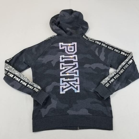 PINK Victoria's Secret Hoodie Womens Small Gray Camo Sequin Zip Sweatshirt Dog - Picture 2 of 10